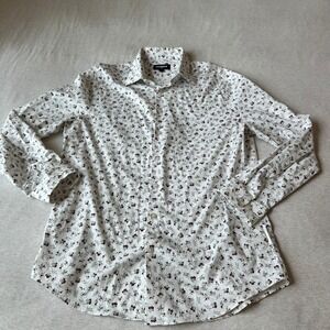 Express Slim Mens Floral Button Down Shirt White Burgundy Green Long Sleeve M